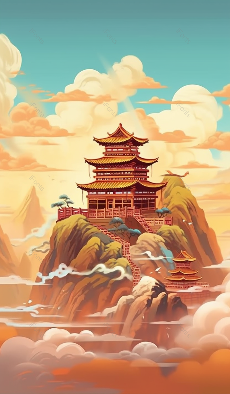 暖色调山顶寺庙建筑风景插画,插画/手绘图,插画/手绘图库,插画/手绘图下载,插画/手绘